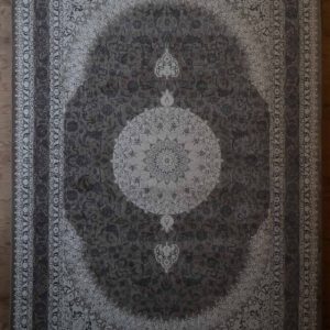 Persische Esfahan Maschinenteppich, grau, Medaillon-Muster