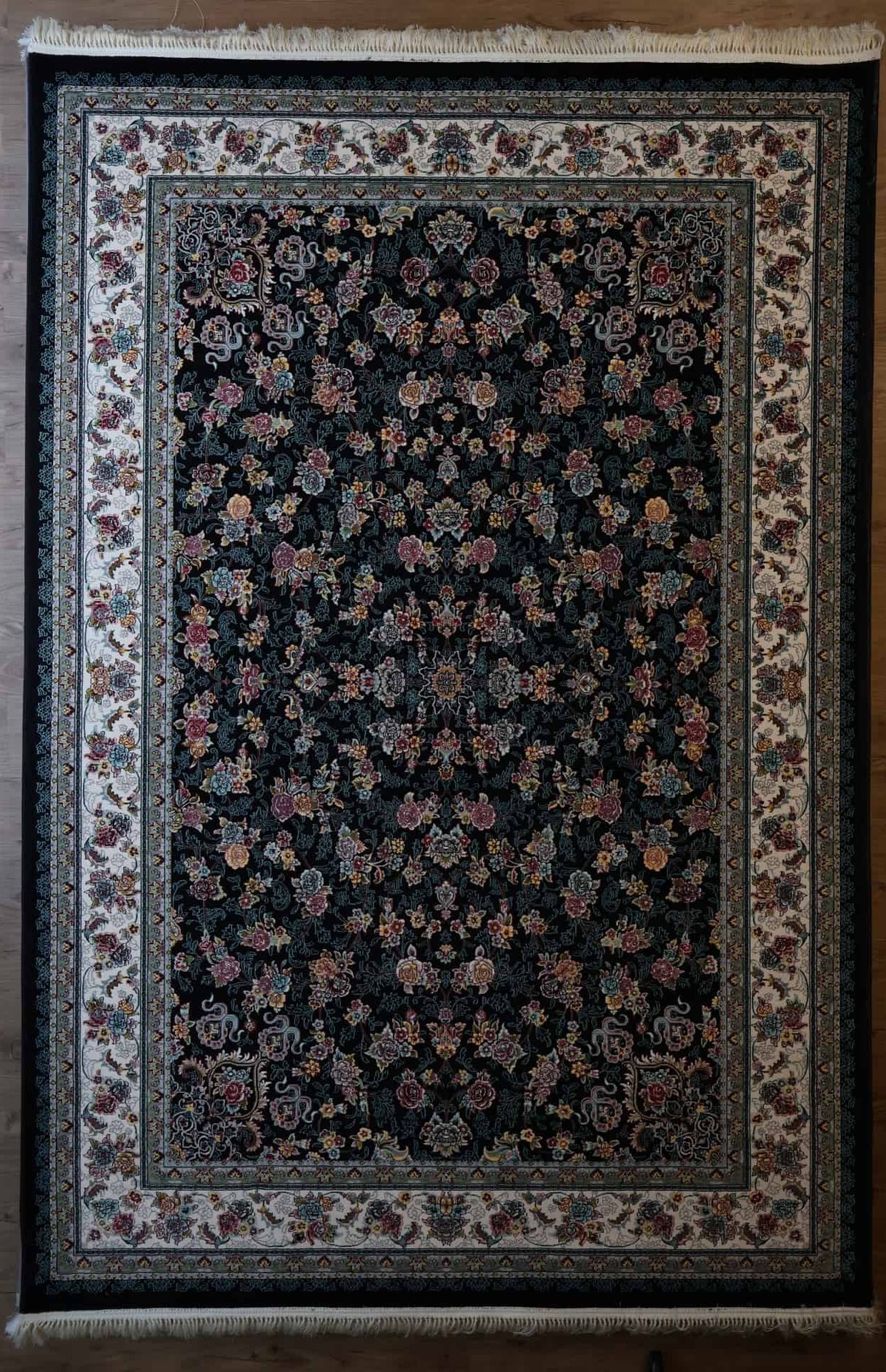 Persische Esfahan Maschinenteppich, dunkelblau, florales Muster