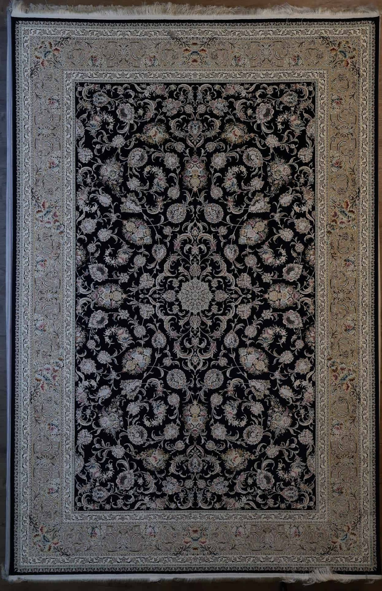 Persischer Tabriz Maschinenteppich, schwarz, florales Medaillon