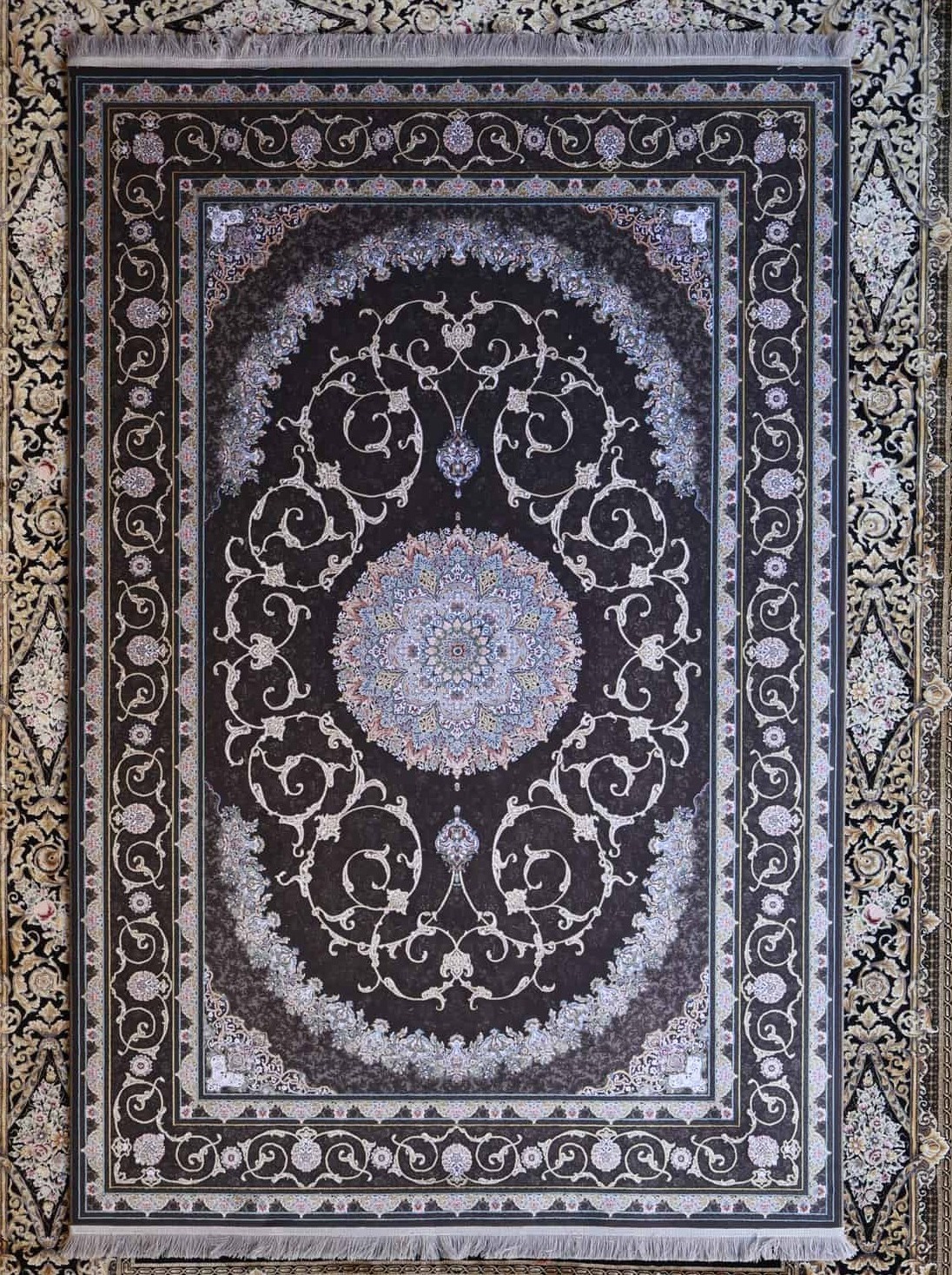 persische maschinenteppich, dunkelbraun, Medaillon, floral