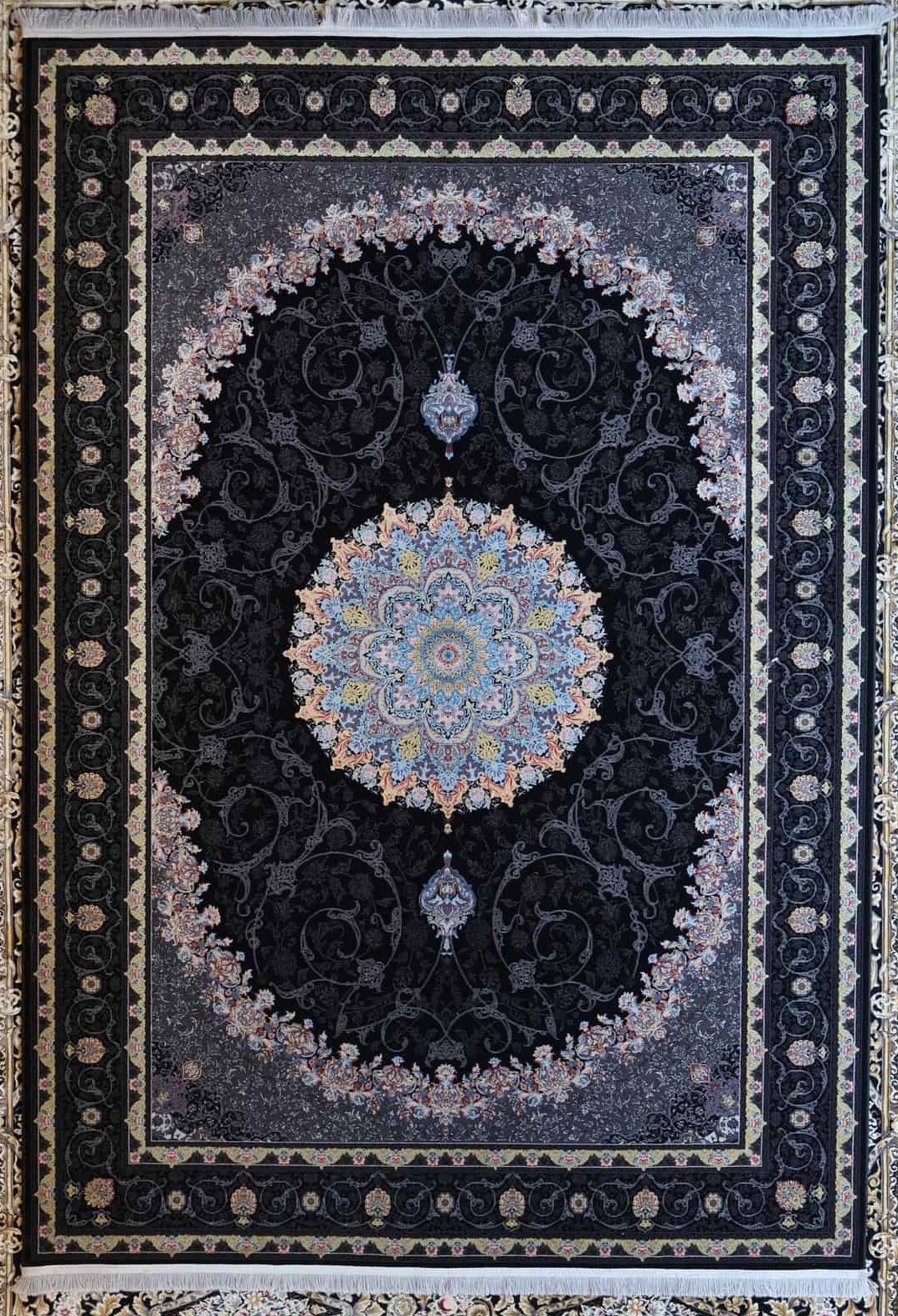 persischer maschinenteppich, schwarz, Medaillon, Floralornament