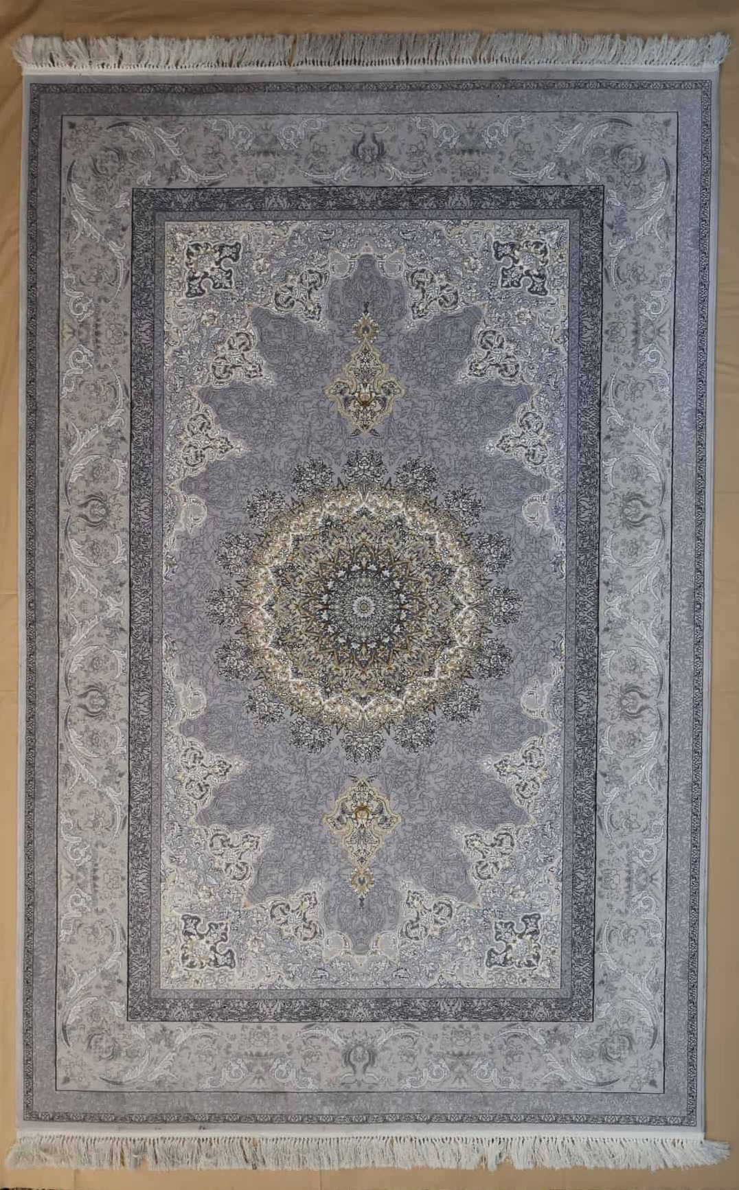 Persischer Maschinenteppich, grau-silber, Medaillon-Muster