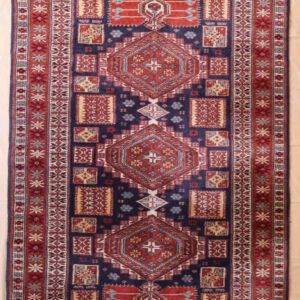 persischer handgeknüpft teppich, rot blau, geometrisches Muster