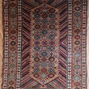 turkischer handgeknüpftteppic, beige, buntes Rauten-Muster