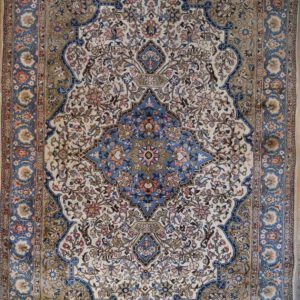 alte persischer handgeknüpf teppich, creme, blaues Medaillon, florales Muster